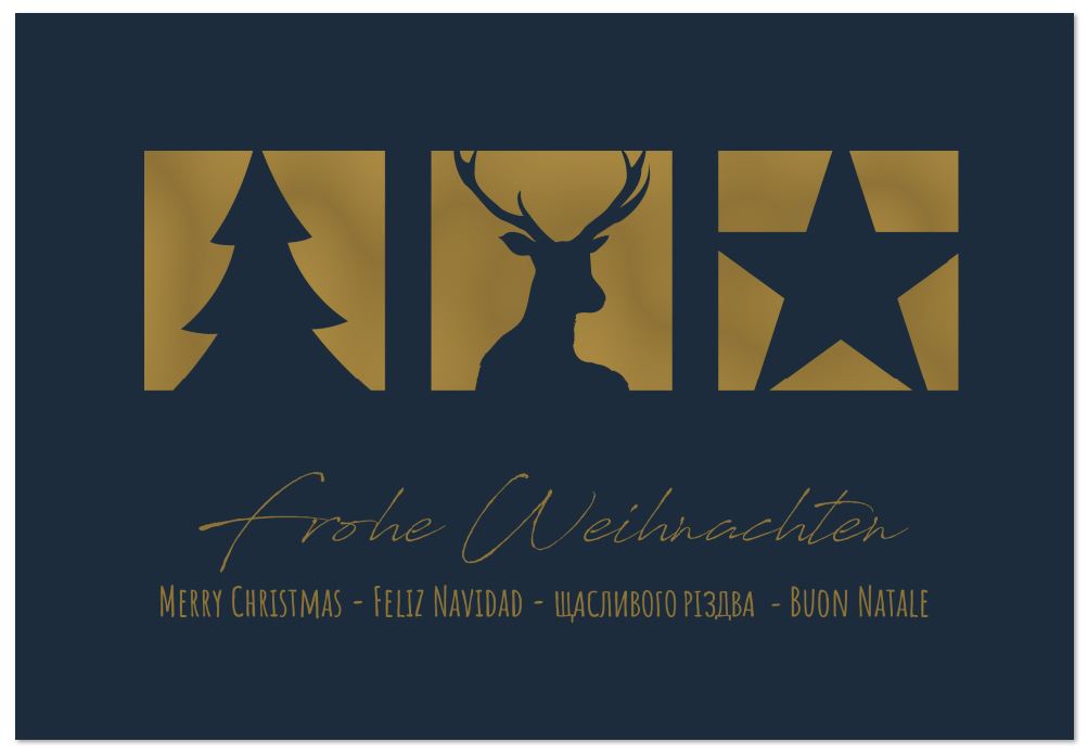Mehrsprachige Weihnachtskarte in dunkelblau mit Goldfolienprägung von Hirsch, Stern und Baum inkl. Einleger