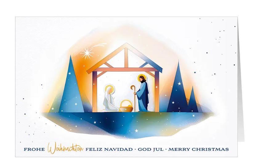 Mehrsprachige Weihnachtsgrußkarte mit christlichem Motiv "Geburt Christi" von Maria und Josef an der Krippe