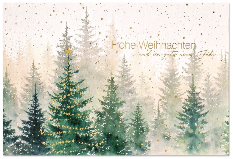 Weihnachtsgrußkarte "Zauberwald" mit grünen Tannen und Weihnachtsgruß in edler Goldfolienprägung