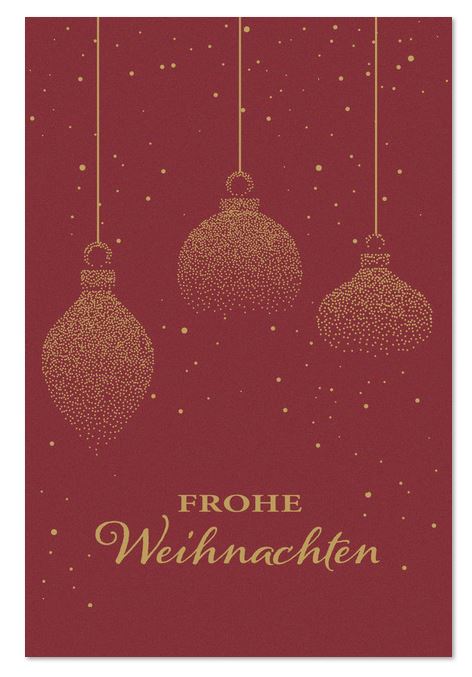 Spendenkarte in dunkelrot mit hängenden Weihnachtskugeln und Gutem Zweck: Deutsche Alzheimer Gesellschaft e.V.