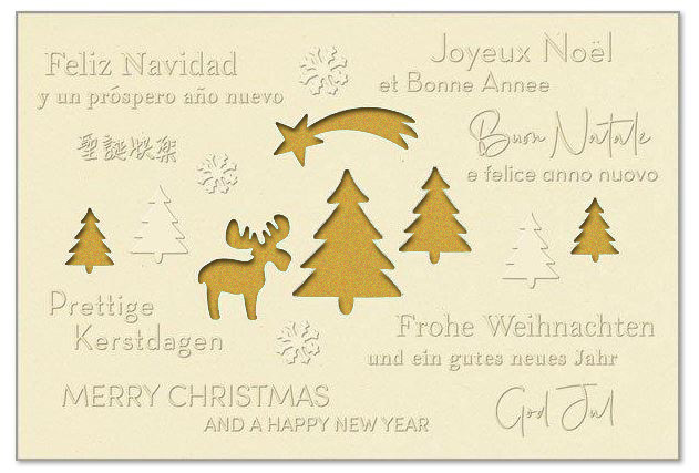 Hellbeige Weihnachtskarte "Elchgruß" mit Formstanzung und fühlbarer Blindprägung, mehrsprachig, Einleger gold