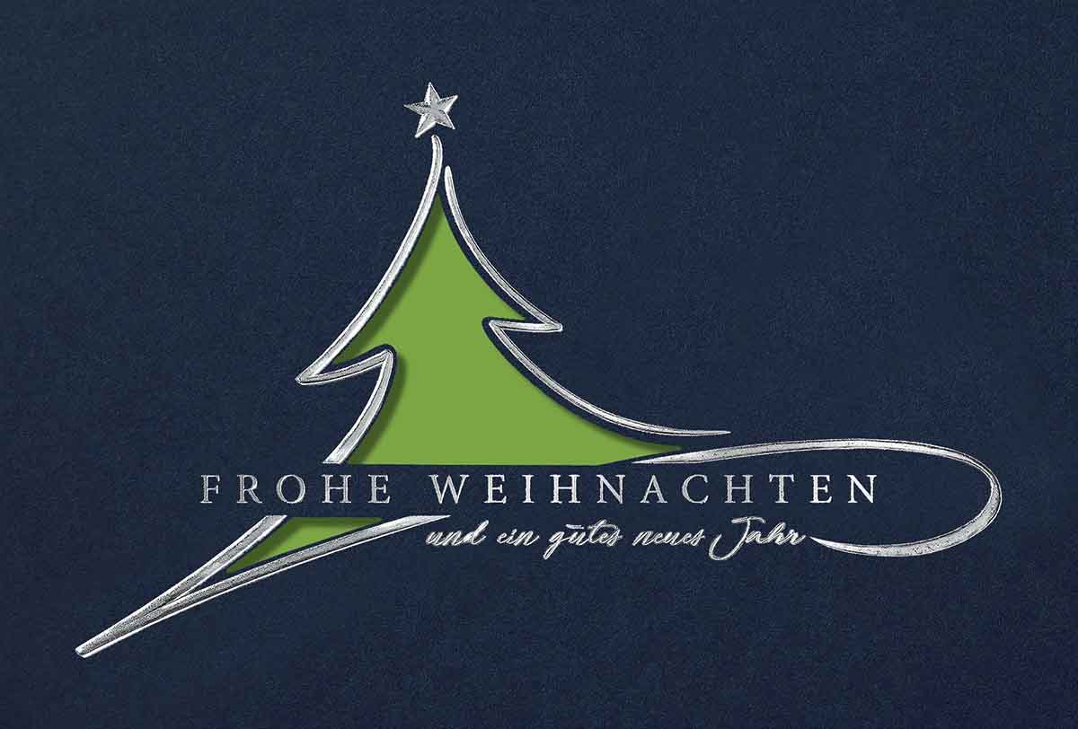 Stanz-Weihnachtskarte in blau mit hellgrünem Einleger und edler Silberfolienprägung