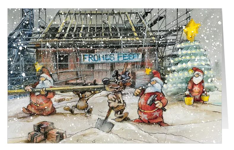 Branchenkarte "Weihnachtliche Baustelle" für Bauunternehmen mit Gruß "Frohes Fest" im humorvollen Design