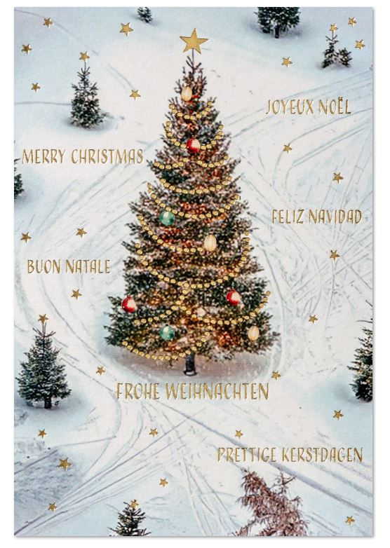 Internationale Winter-Weihnachtskarte mit Spuren im Schnee, Weihnachtsgruß und festlich geschmücktem Weihnachtsbaum