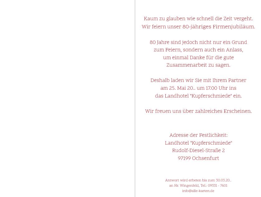 Einladungskarte zum Firmenjubiläum in bordeaux-rot, mit Sektgläsern und Konturstanzung
