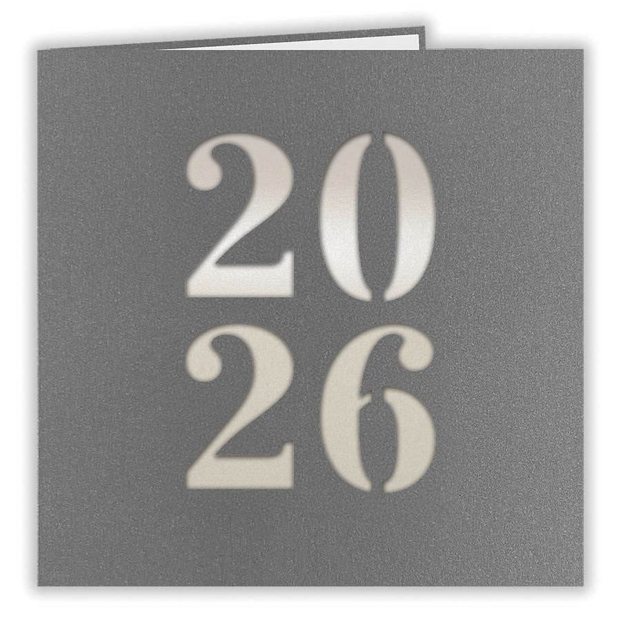Anthrazit-Graue Metallic-Neujahrskarte mit Laserstanzung 2026 und permuttfarbenem Einleger