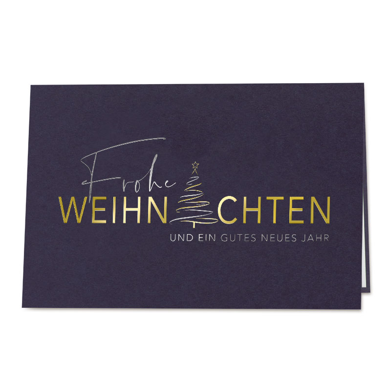 Elegante Weihnachtskarte in dunkelblau mit Folienprägung in gold und silber, inkl. Einleger innen 