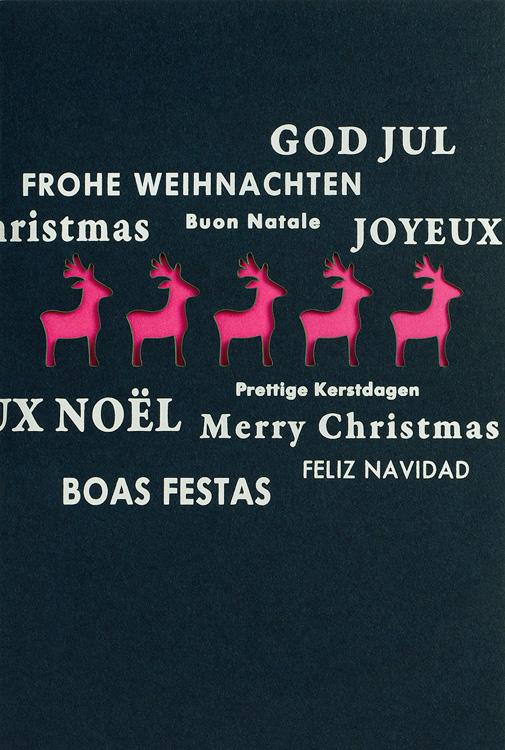 Weihnachtskarte nachtblau mit Rentieren und Wünschen - magenta