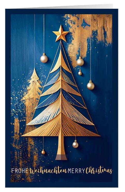 Moderne Weihnachtskarte "Kreatives Design"  mit deutsch-englischem Weihnachtsgruß und kunstvoll gestaltetem Weihnachtsbaum