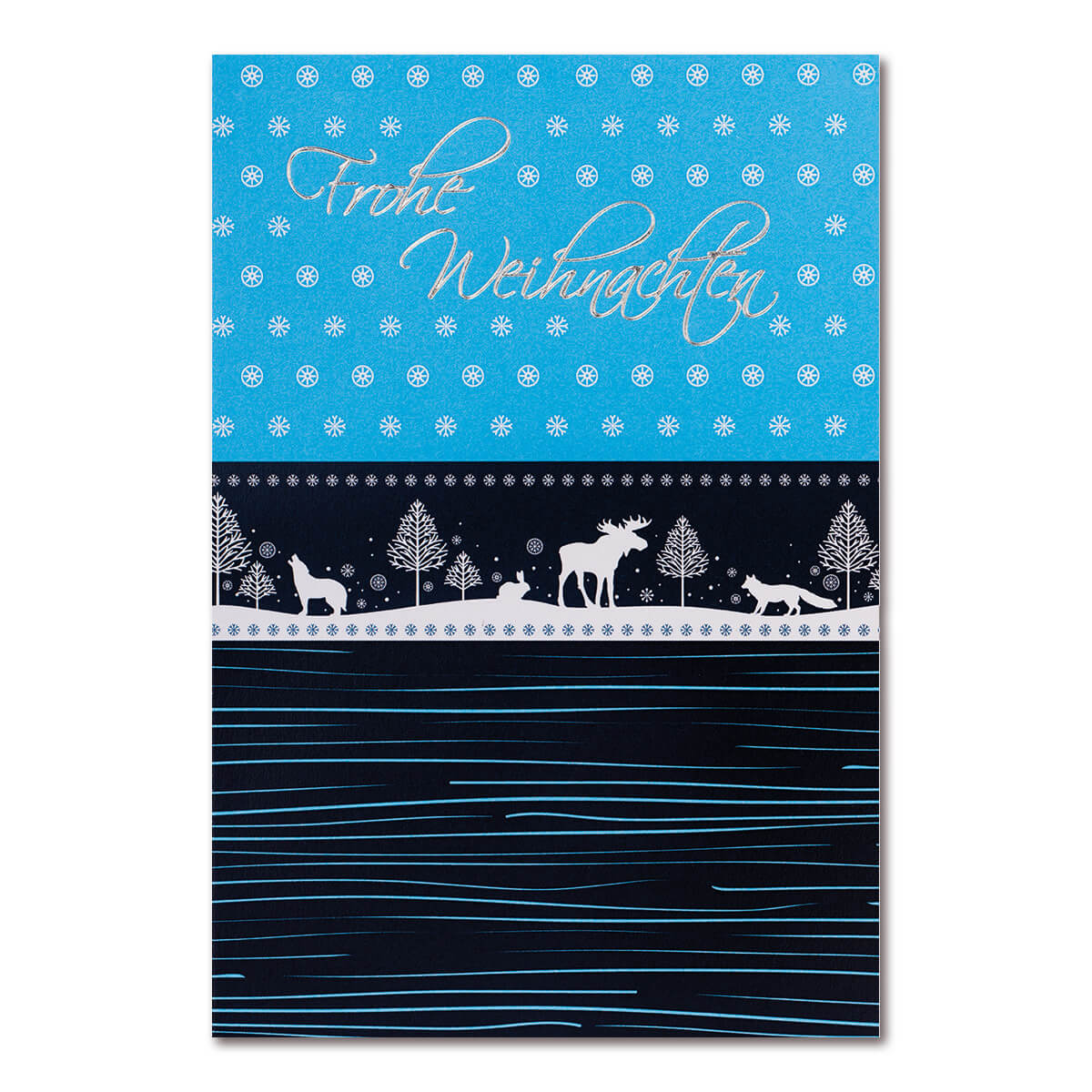 Weihnachtskarte Frohe Weihnachten blau mit Winterlandschaft und Schneefall