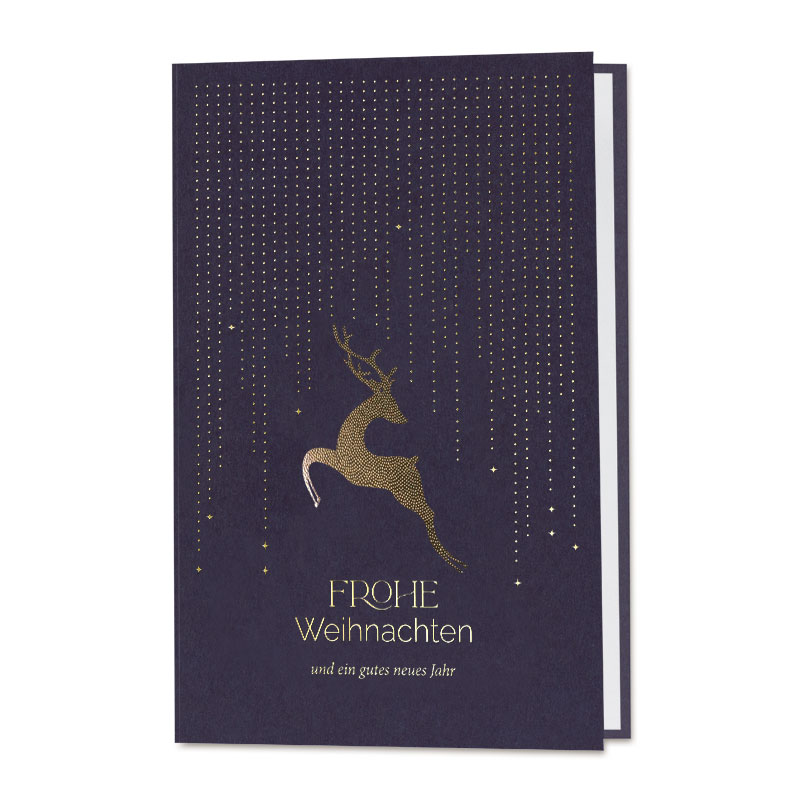 Exklusive Weihnachtskarte in blau mit goldenem Sternenregen, springendem Hirsch und Weihnachtsgruß