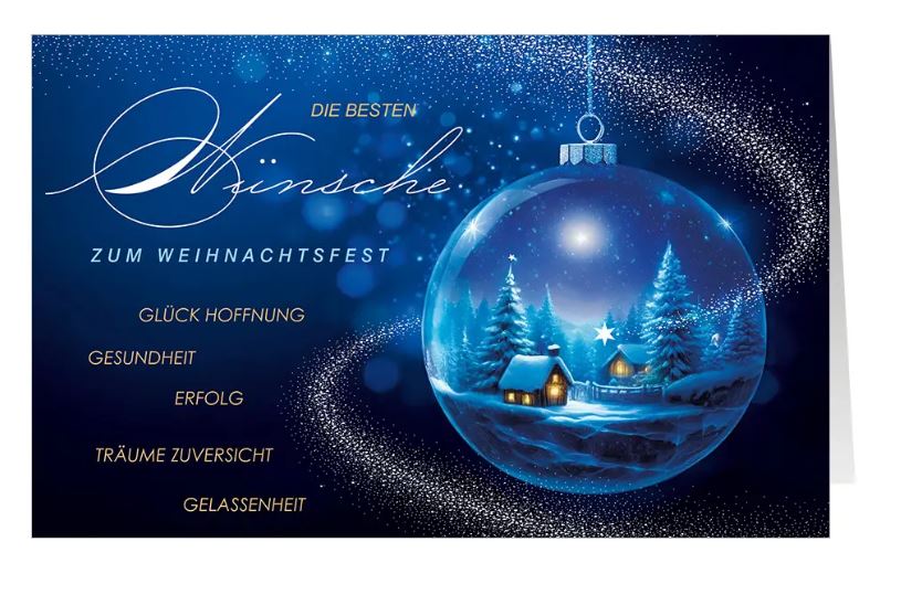 Stimmungsvolle Weihnachtskarte "Wunschkugel" mit positiven Worten und Winterlandschaft in einer Glaskugel