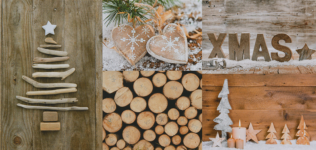 Weihnachtskarte XMAS mit verschiedenen Fotos zum Thema Holz mit Kerzen Herzen Weihnachtsbäumen