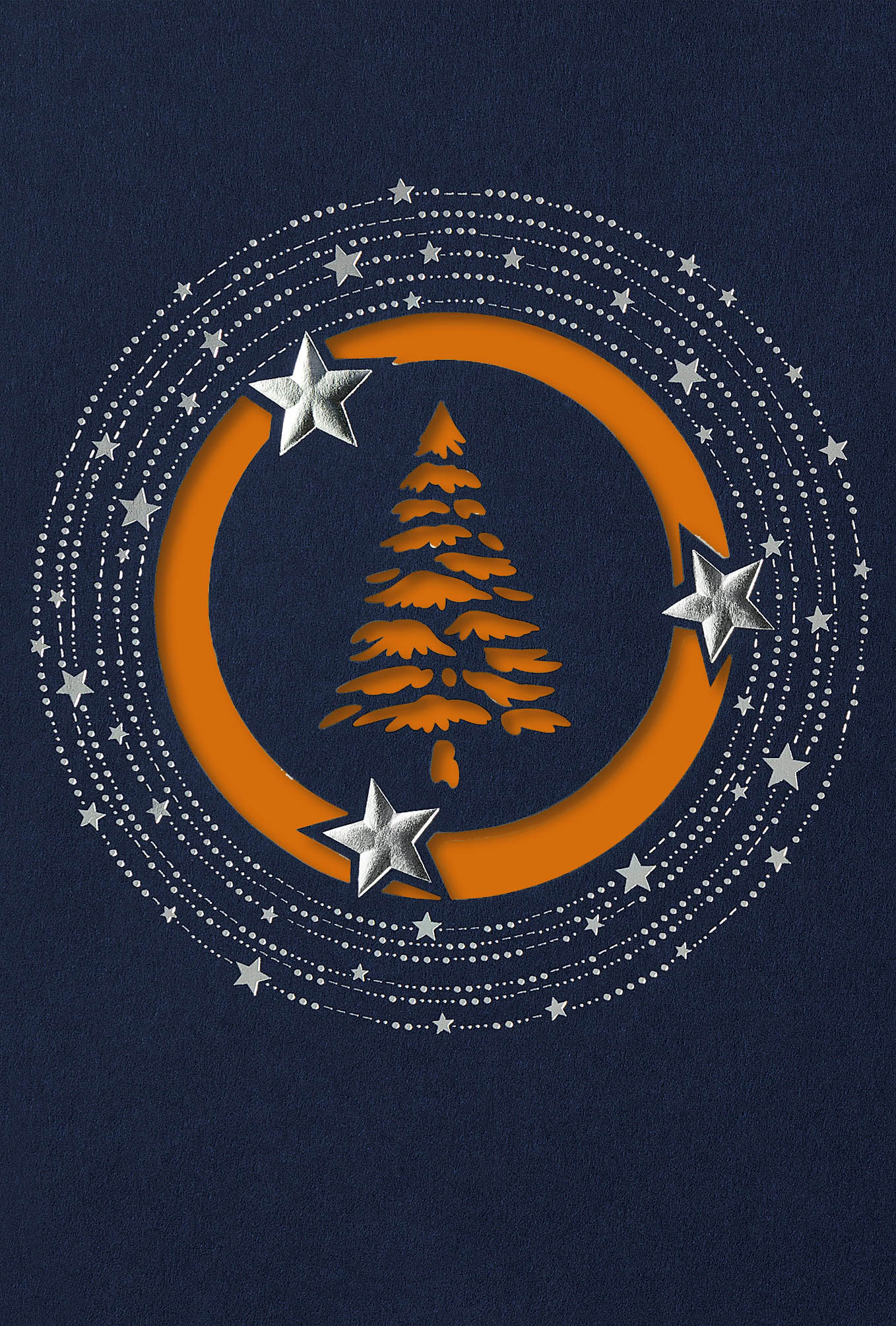 Stanz-Weihnachtskarte mit silbernen Sternen und Baum inkl. orangenem Einlegeblatt