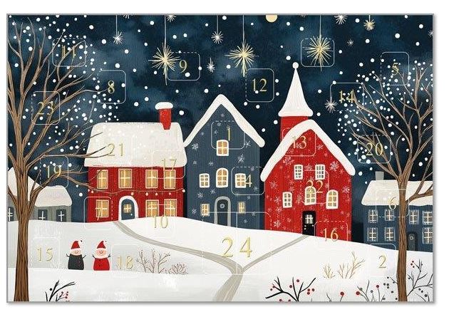 Winterliche Adventskalenderkarte mit 24 Fenster zum Öffnen und Spendenzweck für das Deutsche Kinderhilfswerk e.V. 