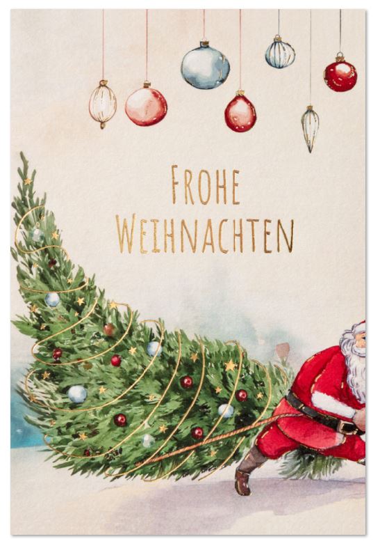 Lustige Weihnachtskarte "Weihnachtsmann in Aktion" in cremeweiß mit Goldfolienprägung und fröhlichem Weihnachtsmotiv