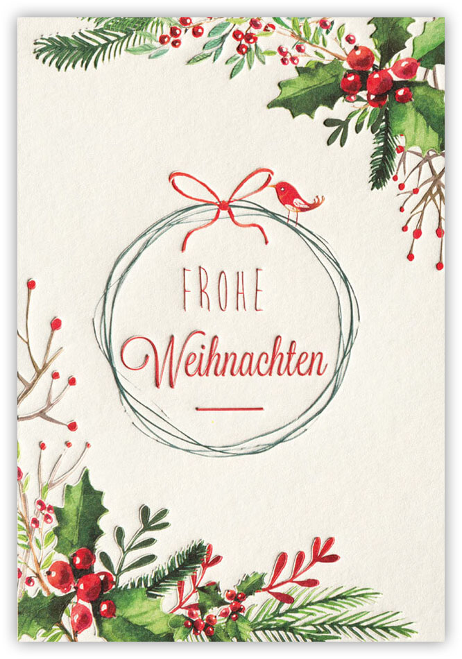 Weihnachtskarte creme mit Schriftzug Frohe Weihnachten, Weihnachtskugel und Stechpalme Ilex