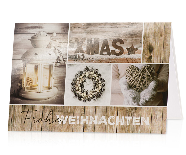 Weihnachtskarte mit bräunlichen Fotos Holzdekor XMAS Laterne