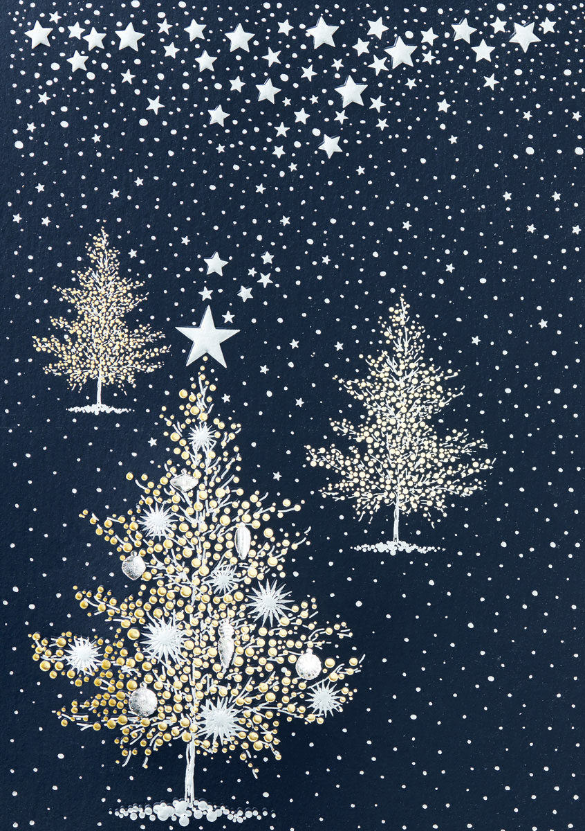 Weihnachtskarte nachtblau mit Weihnachtsbäumen, Sternenhimmel und Schneefall