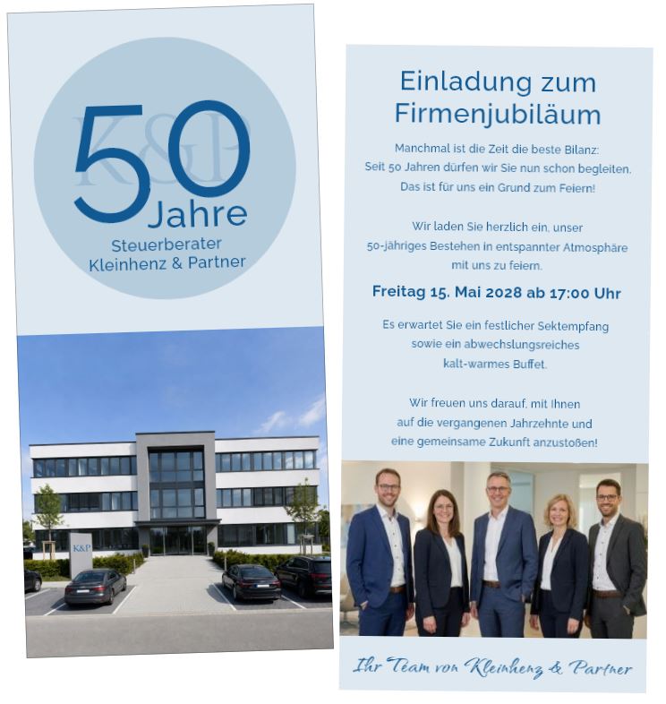 Exclusive Einladungskarte zum Firmenjubiläum als Einzelkarte im DIN-lang Hochformat mit eigenen Bildern und Text