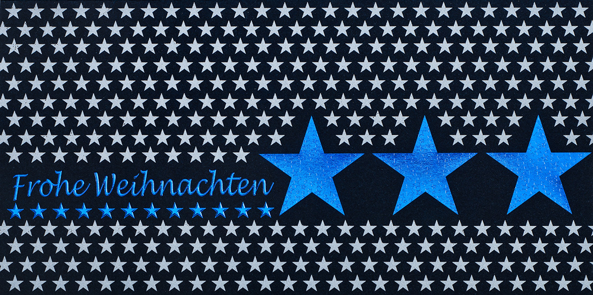 Weihnachtskarte nachtblau m. Sternen und Holografiefolien-Effekt