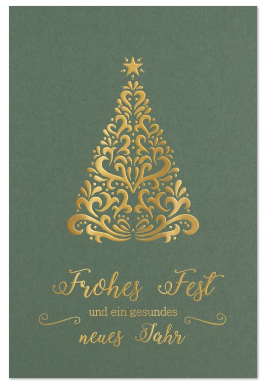 Salbeigrüne Weihnachtskarte "Grüner Ornamentzauber" mit Weihnachtsbaum und Grüßen, inkl. Einlegeblatt