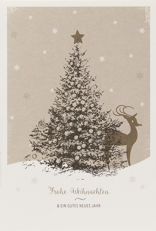 Weihnachtskarte creme mit Weihnachtsbaum und Rentier