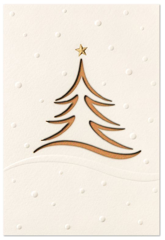 Edle Laser-Weihnachtskarte in weiß mit Blind- und Goldfolienprägung sowie gelastertem Baum, Einleger kupfer