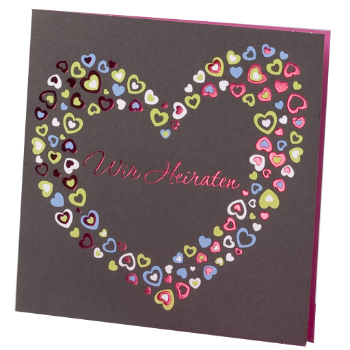 Hochzeitskarte mit Herz aus kleinen Herzen schwarz roter Schriftzug Wir Heiraten