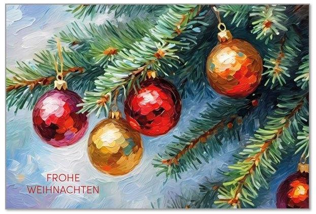 Klassische Spendenkarte im Ölgemälde-Stil mit Weihnachtskugeln an Tannenzweigen und Gutem Zweck: Deutsches Kinderhilfswerk e.V.