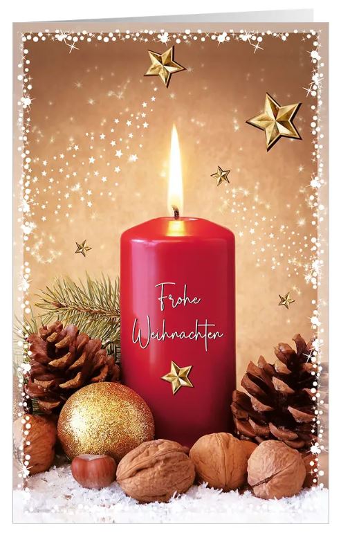 Traditioneller Weihnachtsgruß "Kerzenschein" mit roter Kerze, Weihnachtskugel und Nüssen
