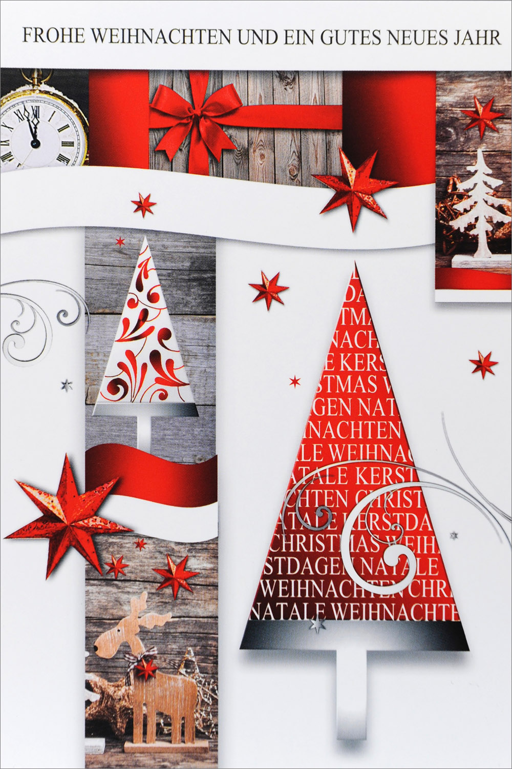 Weihnachtskarte weiß / rot mit verschiedenen weihnachtlichen Symbolen