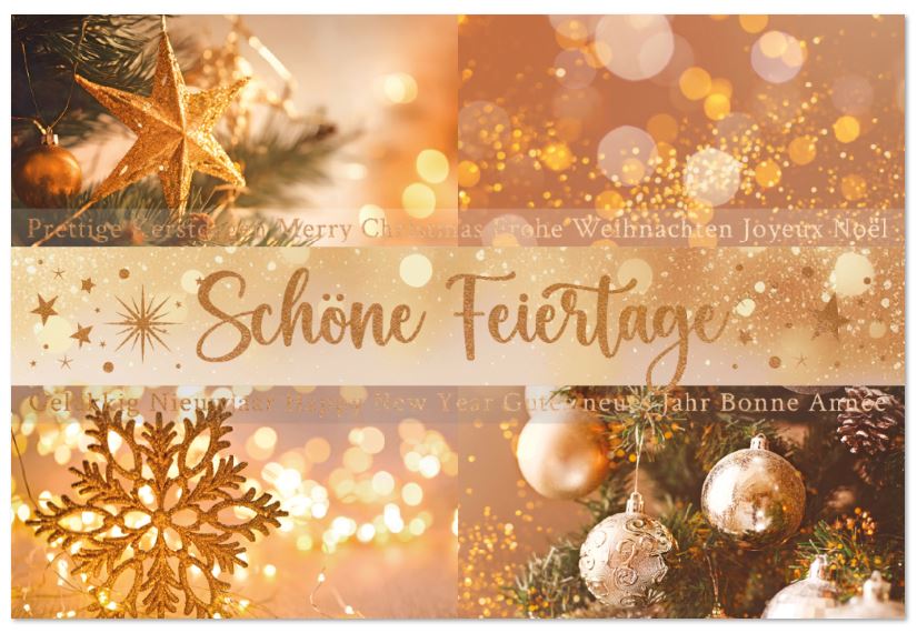 Stimmungsvolle Spendenweihnachtskarte zugunsten der Deutschen Krebsgesellschaft e.V. mit goldenem Lichterglanz