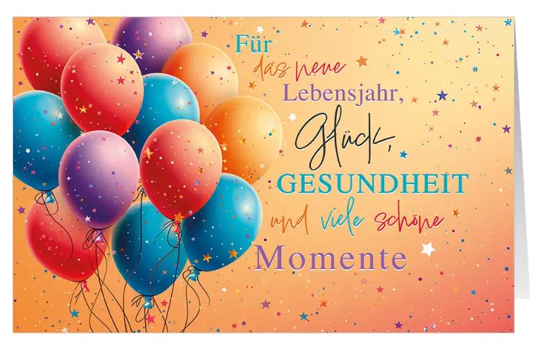 Geburtstagsglückwunschkarte "Lebensfreude" mit bunten Luftballons und Grußtext