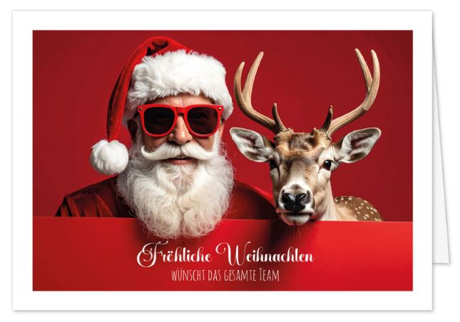 Humorvolle Charity-Teamweihnachtskarte „Cooler Weihnachtsmann & Hirsch“ zugunsten: Kinder-Krebs-Stiftung