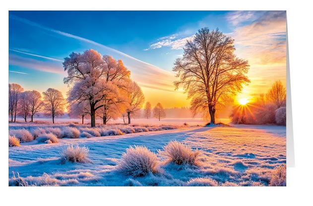 Stimmungsvolle Naturlandschaftskarte "Goldener Winterabend" mit der untergehenden Sonne am Horizont