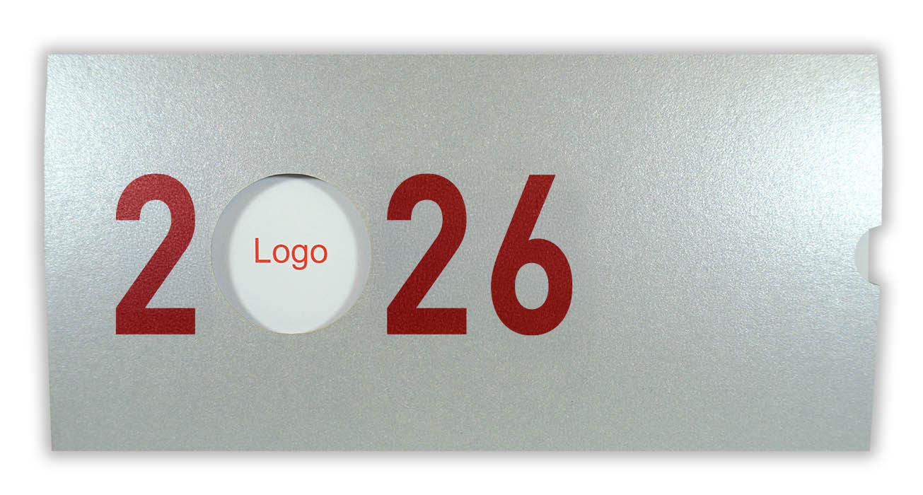 Silberne Neujahrskarte Metallic-Karton Schiebekarte für Jahreswechsel 2025 - 2026 mit Logo-Fenster