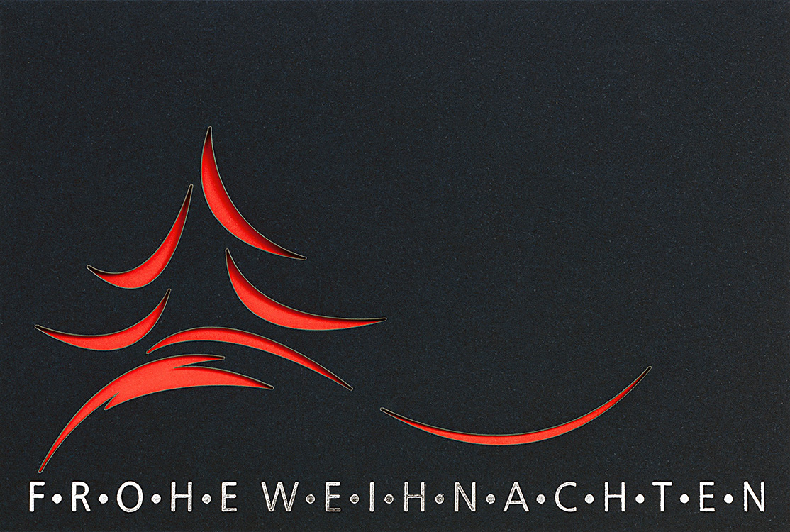 Weihnachtskarte nachtblau mit abstraktem Weihnachtsbaum rot