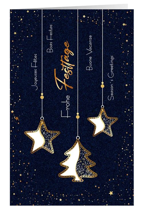 Internationale Weihnachtskarte "Festlicher Baumschmuck" in blau mit hängenden Sternen und Baum