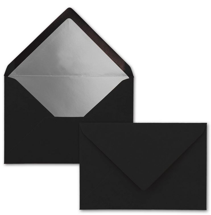 Briefumschlag DIN C6, 16,2 x 11,4 cm, nassklebend, 120g, schwarz mit silbernem Innenfutter
