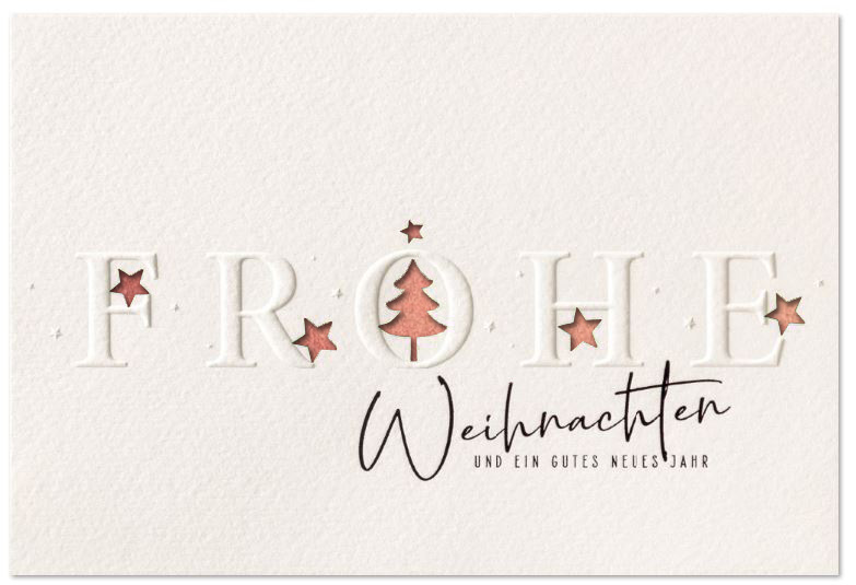 Lasergestanzte Weihnachtskarte in weiß mit Sternen, Tannenbaum und Gruß, Einleger kupfer