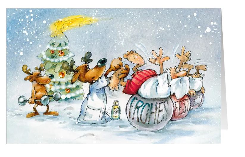 Lustige Weihnachtskarte für Physiotherapie, Ergotherapie, Osteopathie, Rehazentren, Fitness-Studio, Sportverein