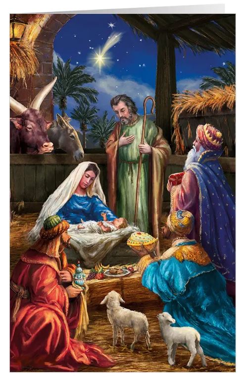 Kunstvolle Weihnachtskarte "Heilige Nacht" ohne Weihnachtsgruß mit Anbetung des Jesuskindes durch die Hl. drei Könige