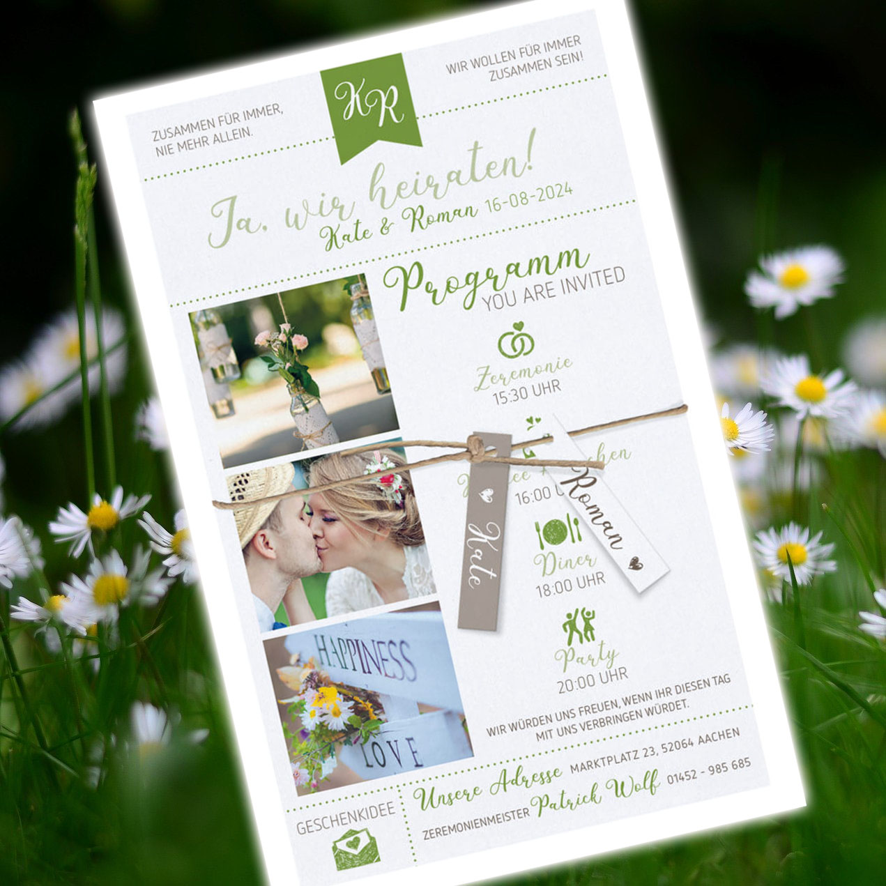 Hochzeitskarte-in-frischer-fruehlings-Gestaltung-mit-eigenem-Foto-Schnur-Anhaenger-ba620007