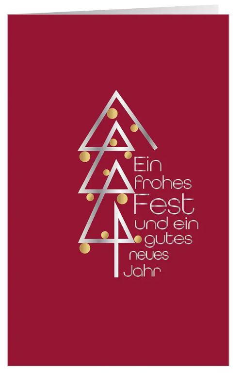 Moderne Spenden-Weihnachtskarte "Minimallook" für Ärzte ohne Grenzen in Rot mit Baum, Gruß und Kugeln