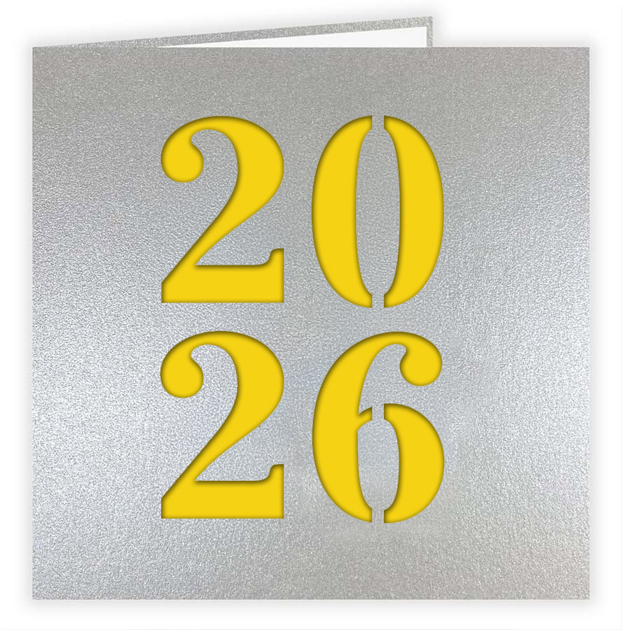 Silberne Neujahrskarte aus "Glamour" Metallic-Karton mit Laserstanzung 2026 und gelbem Einlegeblatt