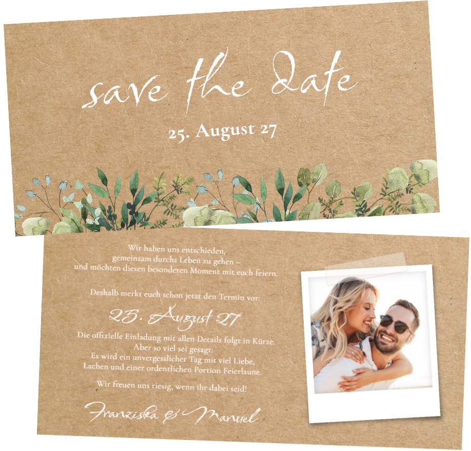 Save the Date Karte in Kraftkarton-Optik mit eigenem Foto und floralem Motiv