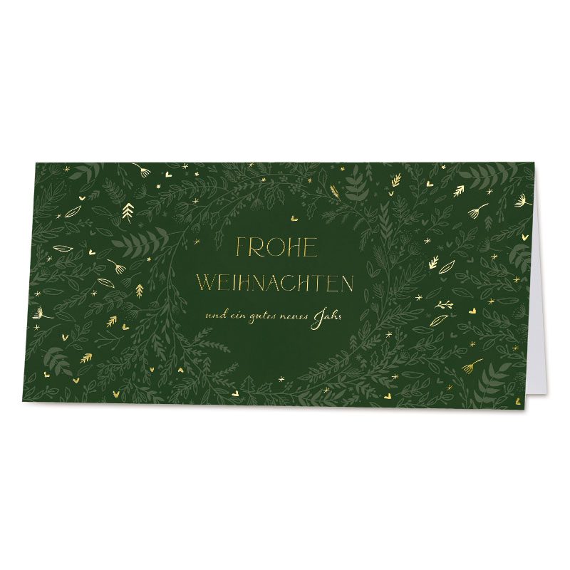 Tannengrüne Weihnachtskarte im floralen Design "Glanzvolles Blättermeer" mit Weihnachstgruß in Goldprägung, DIN lang