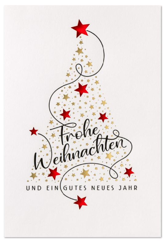 Spendenkarte mit Laserstanzung in weiß mit Weihnachtsbaum und Sternen zugunsten der Kinder-Not-Hilfe, Einleger rot