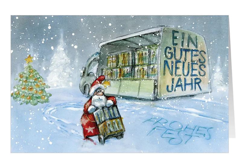 Branchenweihnachtskarte "Durstlöscher" für Getränkehandel, Getränkelieferant, Brauerein mit Weihnachts- und Neujahrsgruß
